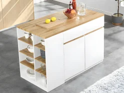 Ilot central de cuisine avec rangements - Blanc et Naturel - MEILI