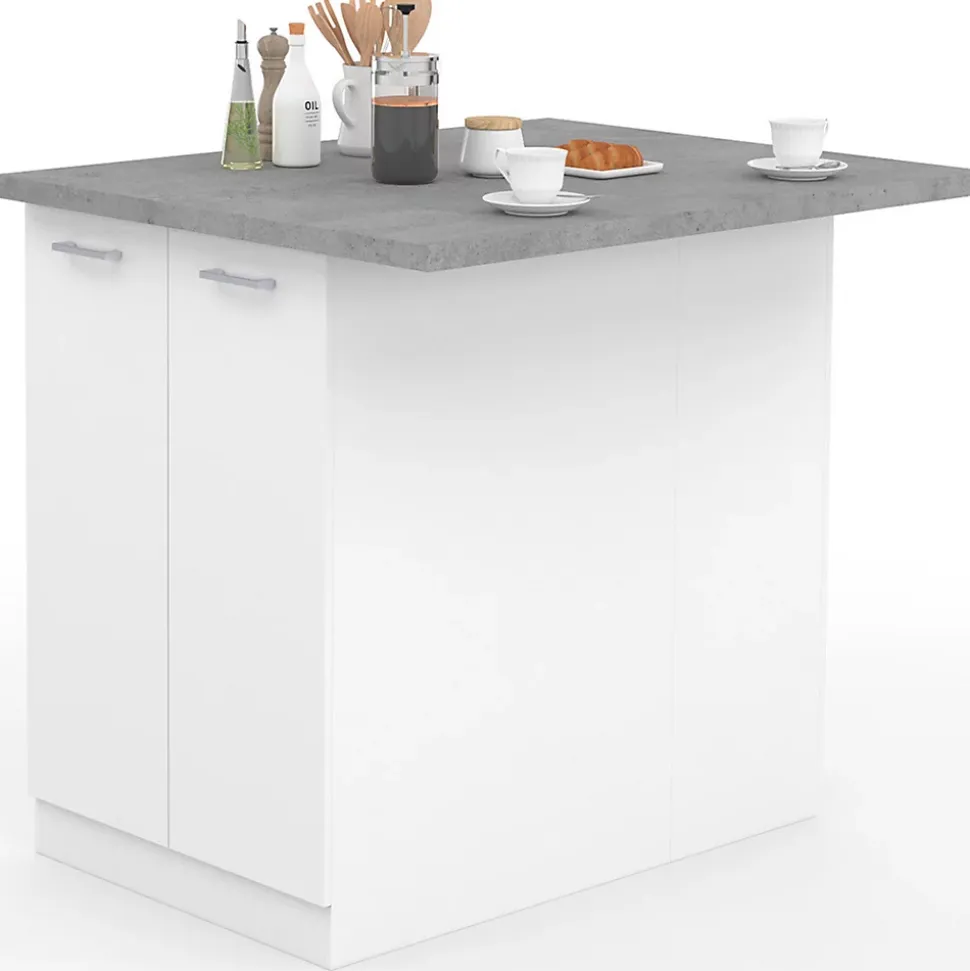 Ilot central IVO 100 cm blanc avec plan de travail effet béton