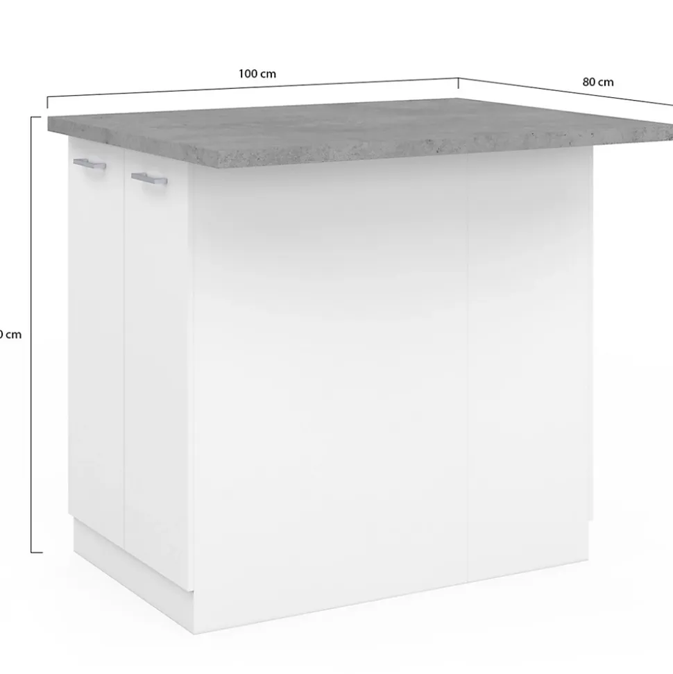 Ilot central IVO 100 cm blanc avec plan de travail effet béton