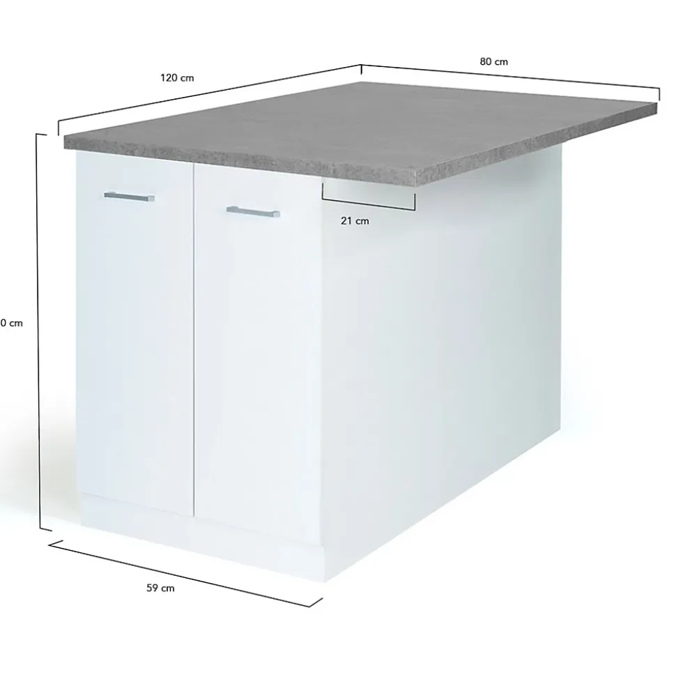 Ilot central IVO 100 cm blanc avec plan de travail effet béton