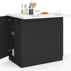 Ilot central IVO 100 cm bois noir avec plan de travail effet marbre ALASKA