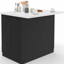 Ilot central IVO 100 cm bois noir avec plan de travail effet marbre ALASKA