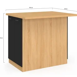 Ilot central IVO 100 cm bois façon hêtre portes noires avec plan de travail