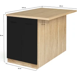 Ilot central IVO 100 cm bois façon hêtre portes noires avec plan de travail