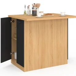 Ilot central IVO 100 cm bois façon hêtre portes noires avec plan de travail