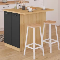 Ilot central IVO 100 cm bois façon hêtre portes noires avec plan de travail
