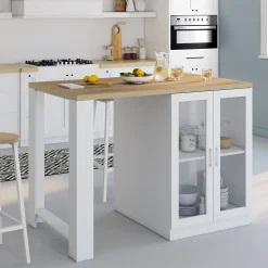 Ilot central LINO 120 cm 2 personnes bois blanc et plan de travail façon hêtre et portes vitrées