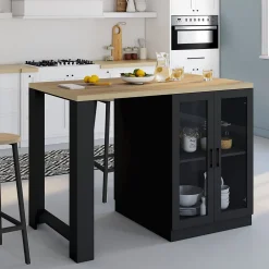 Ilot central LINO 120 cm 2 personnes bois noir avec plan de travail façon hêtre et portes vitrées