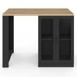 Ilot central LINO 120 cm 2 personnes bois noir avec plan de travail façon hêtre et portes vitrées