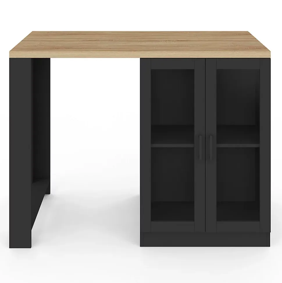 Ilot central LINO 120 cm 2 personnes bois noir avec plan de travail façon hêtre et portes vitrées