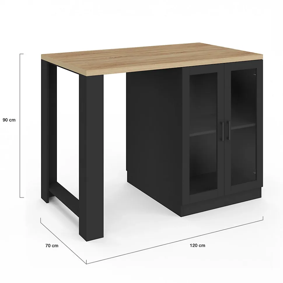 Ilot central LINO 120 cm 2 personnes bois noir avec plan de travail façon hêtre et portes vitrées
