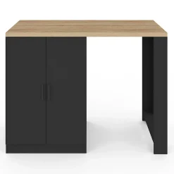 Ilot central LINO 120 cm 2 personnes bois noir avec plan de travail façon hêtre et portes vitrées