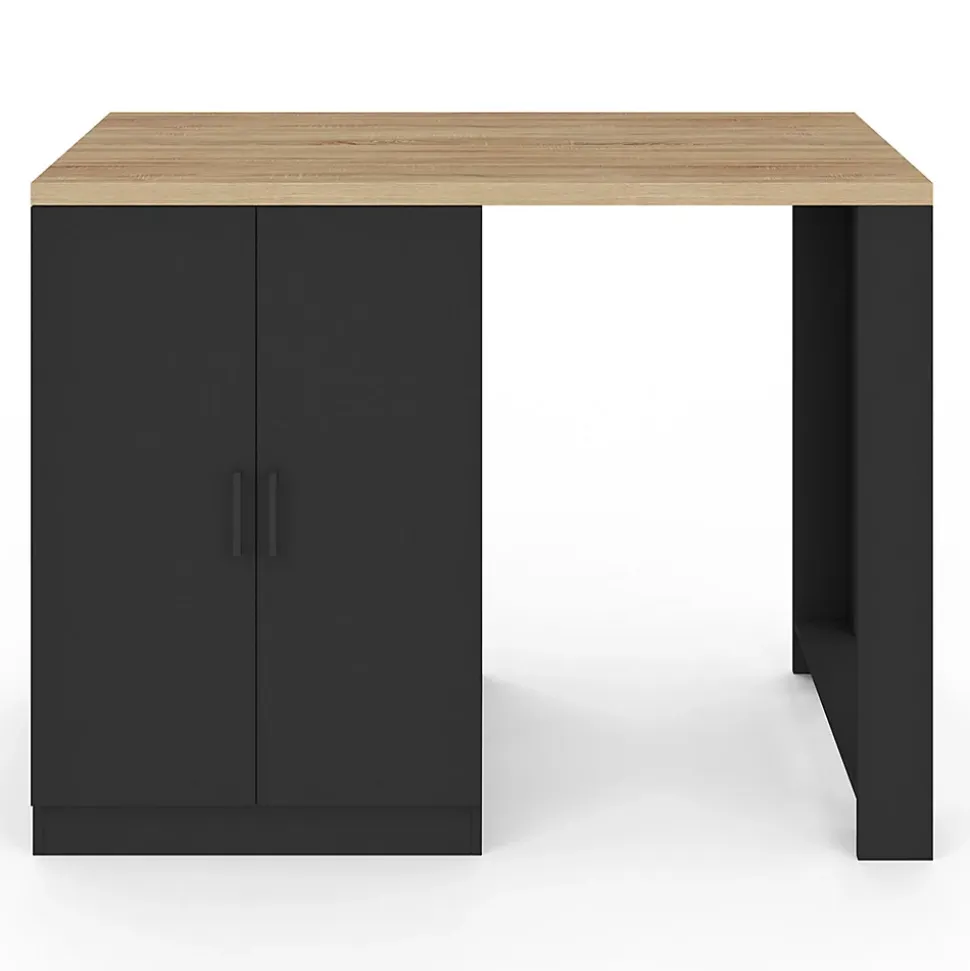 Ilot central LINO 120 cm 2 personnes bois noir avec plan de travail façon hêtre et portes vitrées