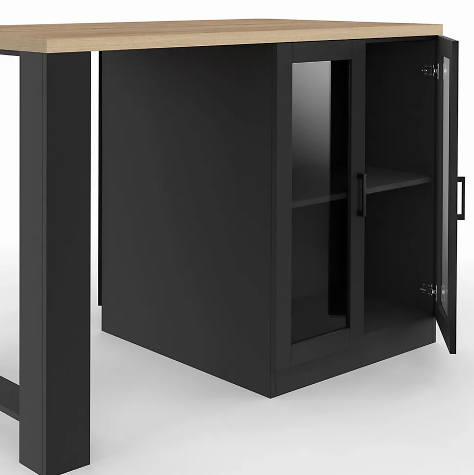 Ilot central LINO 120 cm 2 personnes bois noir avec plan de travail façon hêtre et portes vitrées