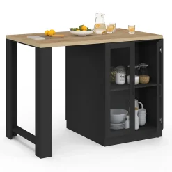 Ilot central LINO 120 cm 2 personnes bois noir avec plan de travail façon hêtre et portes vitrées