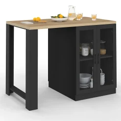 Ilot central LINO 120 cm 2 personnes bois noir avec plan de travail façon hêtre et portes vitrées