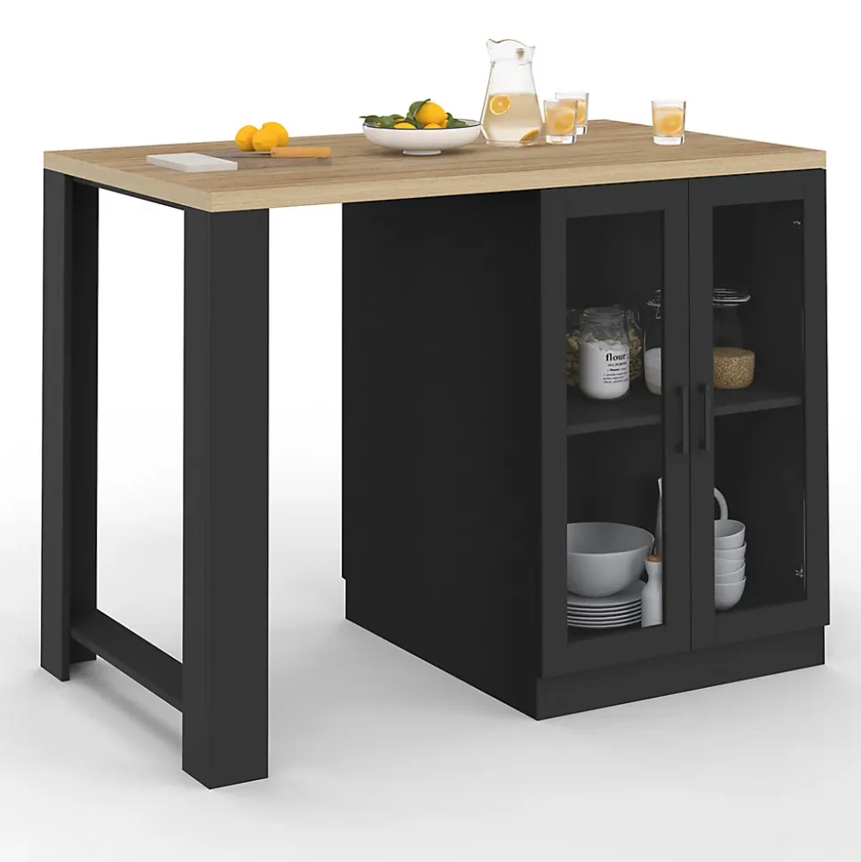 Ilot central LINO 120 cm 2 personnes bois noir avec plan de travail façon hêtre et portes vitrées