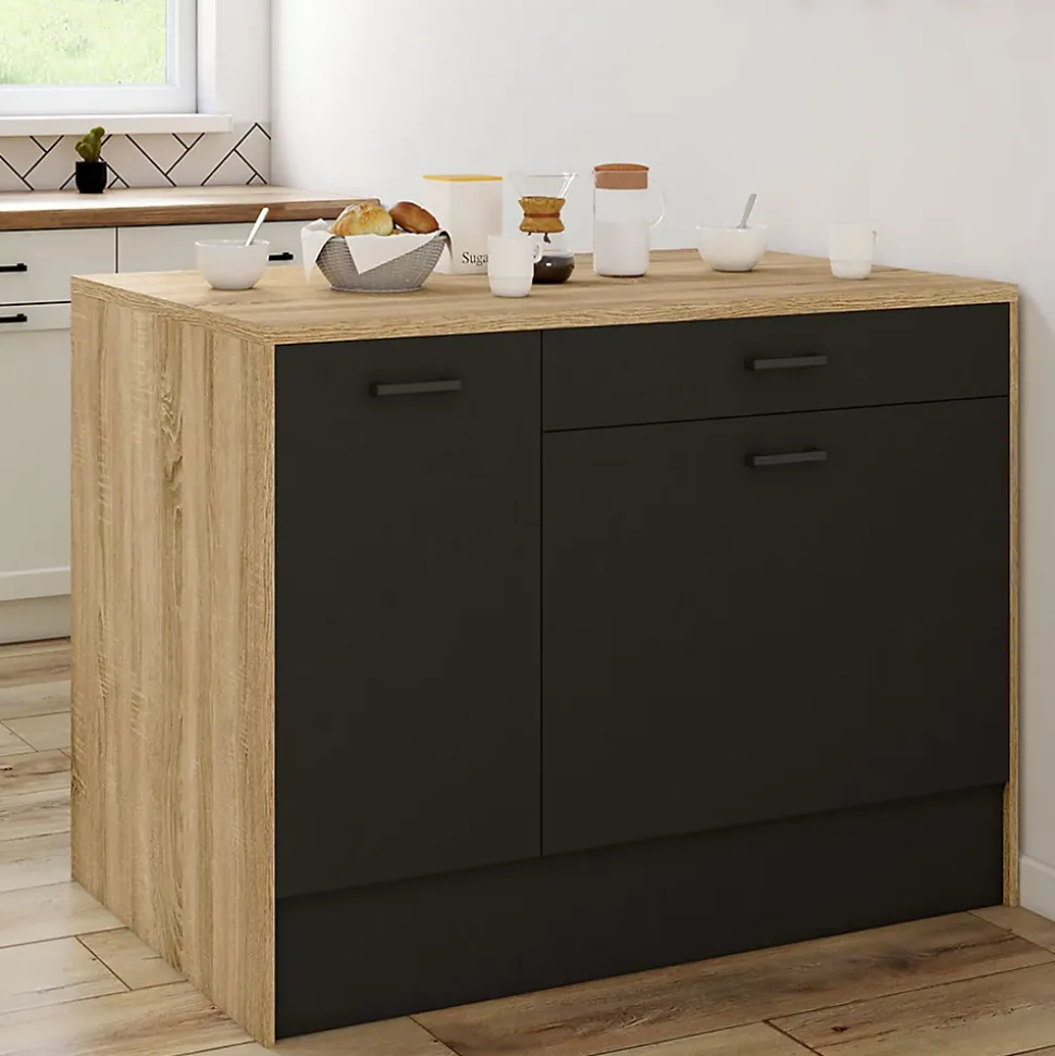 Ilot central LIO 120 cm maxi capacité de rangement bois et noir