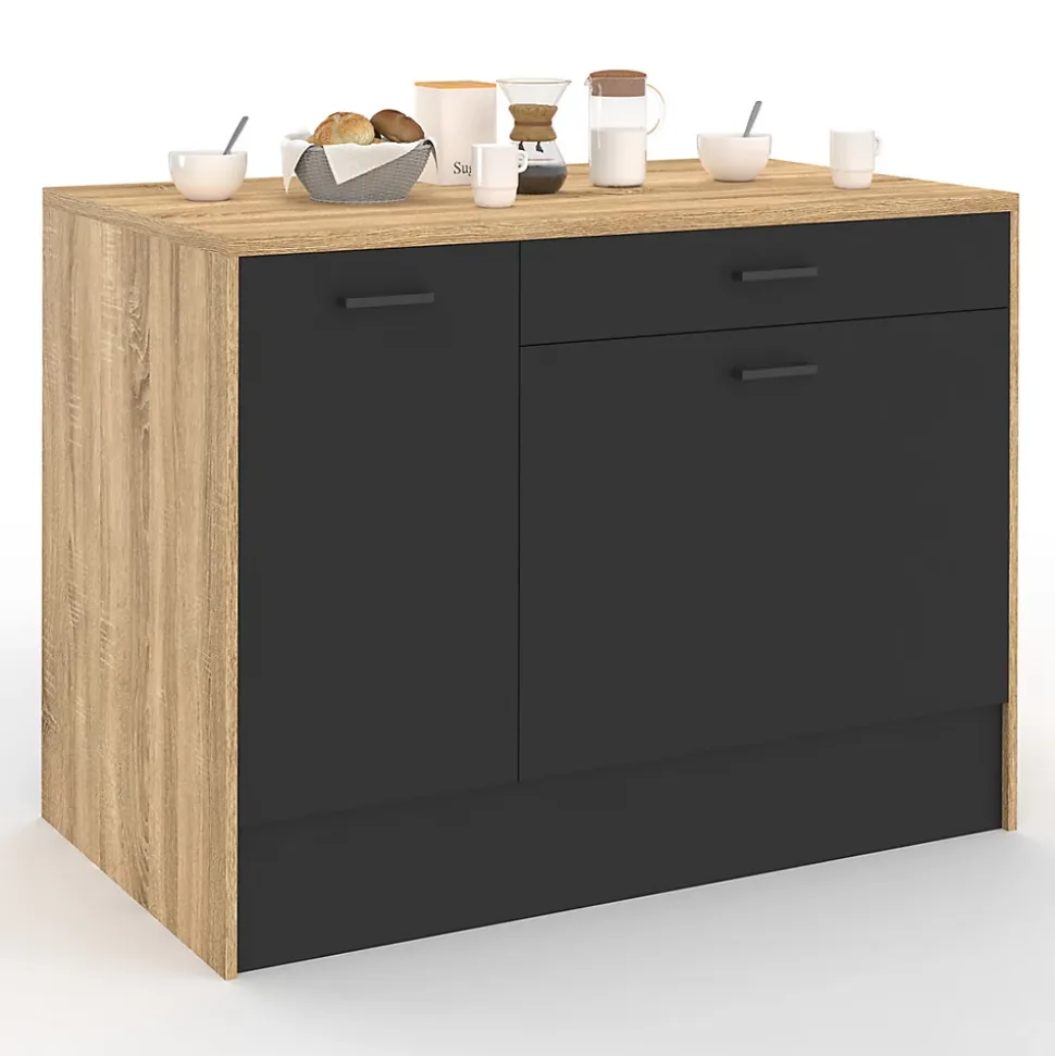 Ilot central LIO 120 cm maxi capacité de rangement bois et noir