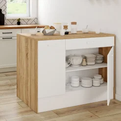 Ilot central LIO maxi capacité de rangement bois et blanc