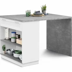 Ilot central mange debout 4 personnes VITO 130 cm blanc et plateau effet béton