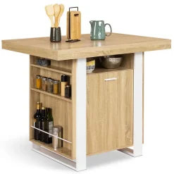 Ilot central PHOENIX 110 cm bois et blanc avec rangements