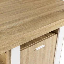 Ilot central PHOENIX 110 cm bois et blanc avec rangements