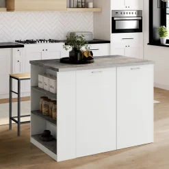 Ilot central TIBO 120 cm bois blanc avec plan de travail façon béton