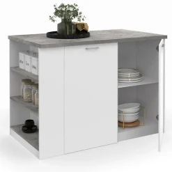 Ilot central TIBO 120 cm bois blanc avec plan de travail façon béton