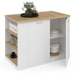 Ilot central TIBO 120 cm bois blanc avec plan de travail façon hêtre