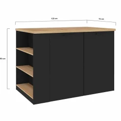 Ilot central TIBO 120 cm bois noir avec plan de travail façon hêtre