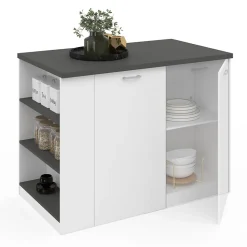 Ilot central TIBO 120 cm bois blanc avec plan de travail gris anthracite