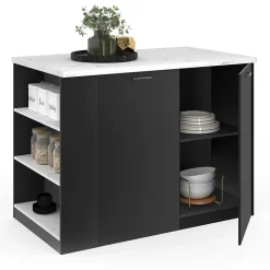 Ilot central TIBO 120 cm bois noir avec plan de travail effet marbre ALASKA