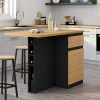 Ilot central TINO 120 cm avec range-bouteilles 4 personnes bois noir avec plan de travail façon hêtre