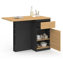 Ilot central TINO 120 cm avec range-bouteilles 4 personnes bois noir avec plan de travail façon hêtre