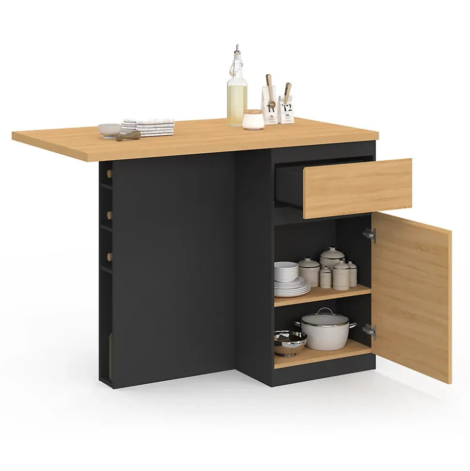 Ilot central TINO 120 cm avec range-bouteilles 4 personnes bois noir avec plan de travail façon hêtre