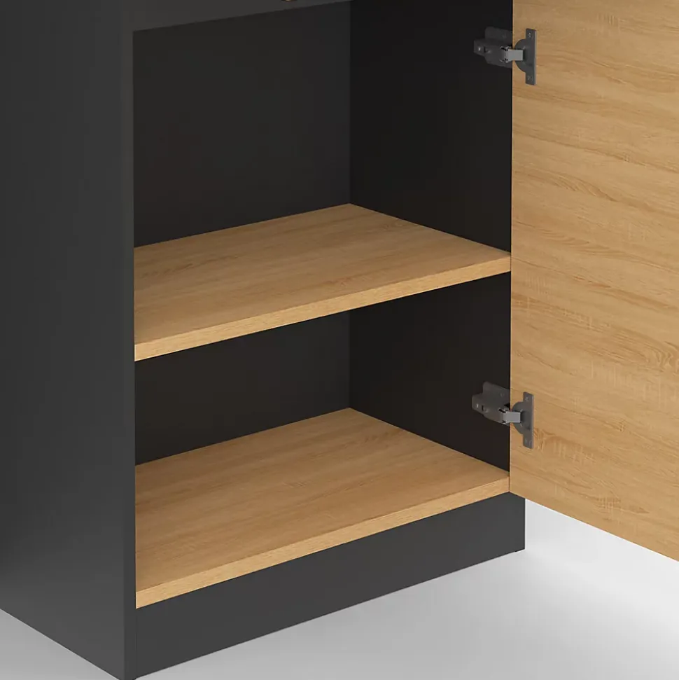 Ilot central TINO 120 cm avec range-bouteilles 4 personnes bois noir avec plan de travail façon hêtre