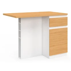 Ilot central TINO 120 cm avec range-bouteilles 4 personnes bois blanc avec plan de travail façon hêtre