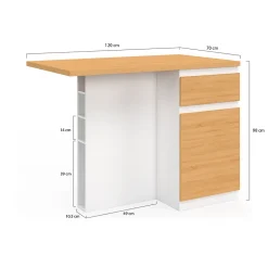 Ilot central TINO 120 cm avec range-bouteilles 4 personnes bois blanc avec plan de travail façon hêtre