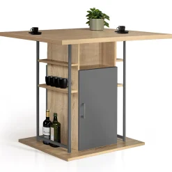 Ilot central UGO 110 cm bois gris et imitation hêtre avec rangements design industriel