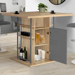 Ilot central UGO 110 cm bois gris et imitation hêtre avec rangements design industriel