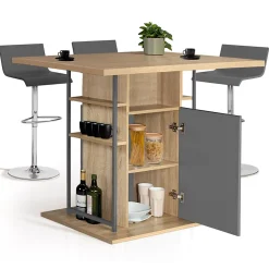 Ilot central UGO 110 cm bois gris et imitation hêtre avec rangements design industriel