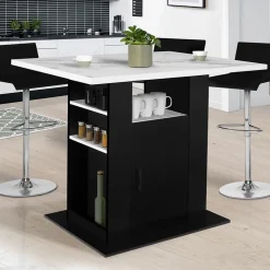 Ilot central UGO 110 cm effet marbre et noir ALASKA avec rangements