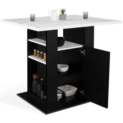 Ilot central UGO 110 cm effet marbre et noir ALASKA avec rangements