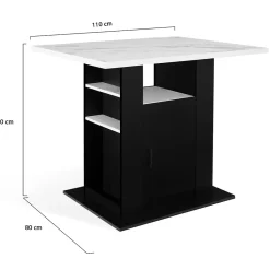 Ilot central UGO 110 cm effet marbre et noir ALASKA avec rangements