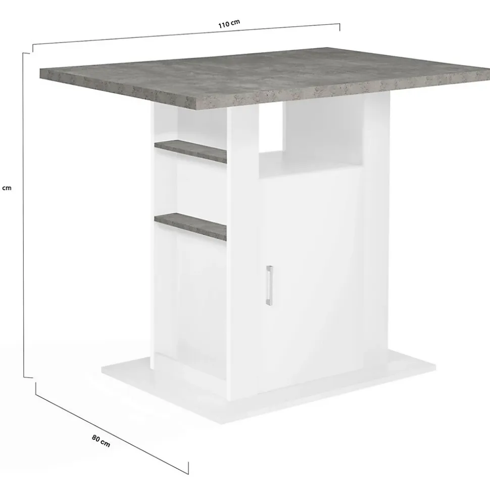 Ilot central UGO 110 cm plateau effet béton et blanc avec rangements