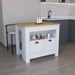 Ilot de cuisine Arlet en mélaminé avec 2 portes et 3 étagères , Blanc / Macadamia , 89.9 cm X 103 cm X 70 cm