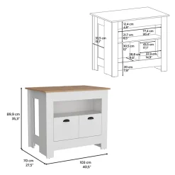Ilot de cuisine Arlet en mélaminé avec 2 portes et 3 étagères , Blanc / Macadamia , 89.9 cm X 103 cm X 70 cm