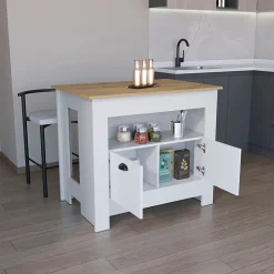 Ilot de cuisine Arlet en mélaminé avec 2 portes et 3 étagères , Blanc / Macadamia , 89.9 cm X 103 cm X 70 cm