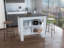 Ilot de cuisine Cala avec trois étagères et quatre pieds , 89.91 cm X 102.87 cm X 69.85 cm , Multicolore